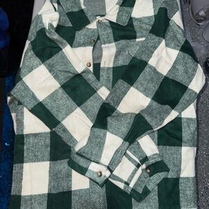 SHEIN Green and White Plaid Casual Button Down Shirt